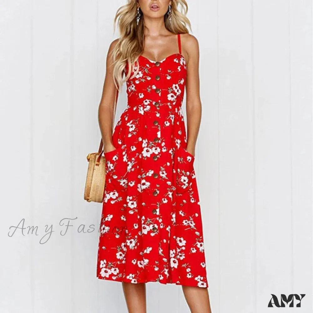 Amy Fashion - Midi Button Backless Polka Dot Striped Dress