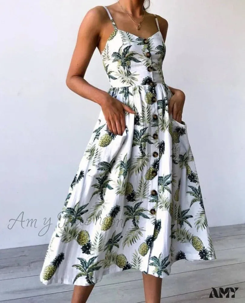 Amy Fashion - Midi Button Backless Polka Dot Striped Dress