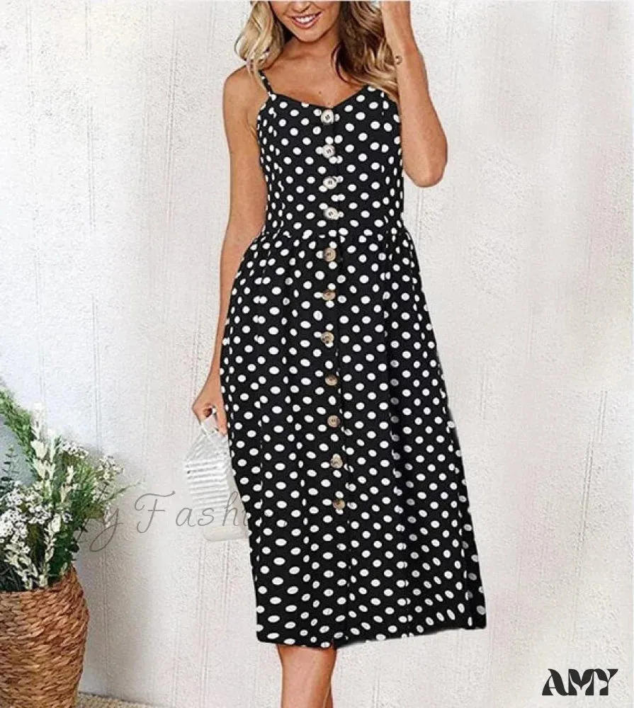 Amy Fashion - Midi Button Backless Polka Dot Striped Dress