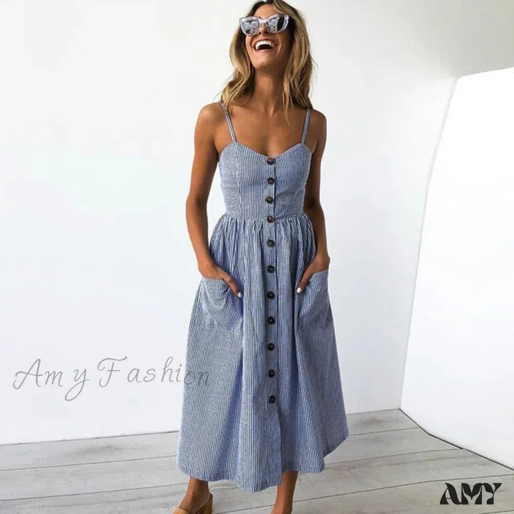 Amy Fashion - Midi Button Backless Polka Dot Striped Dress