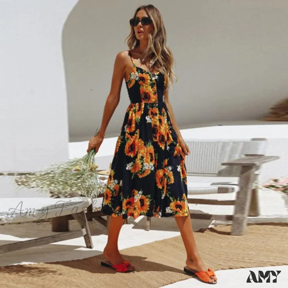 Amy Fashion - Midi Button Backless Polka Dot Striped Dress