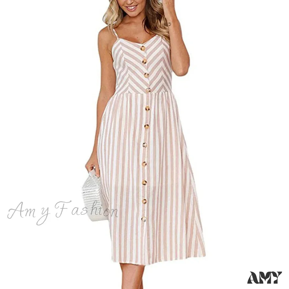 Amy Fashion - Midi Button Backless Polka Dot Striped Dress