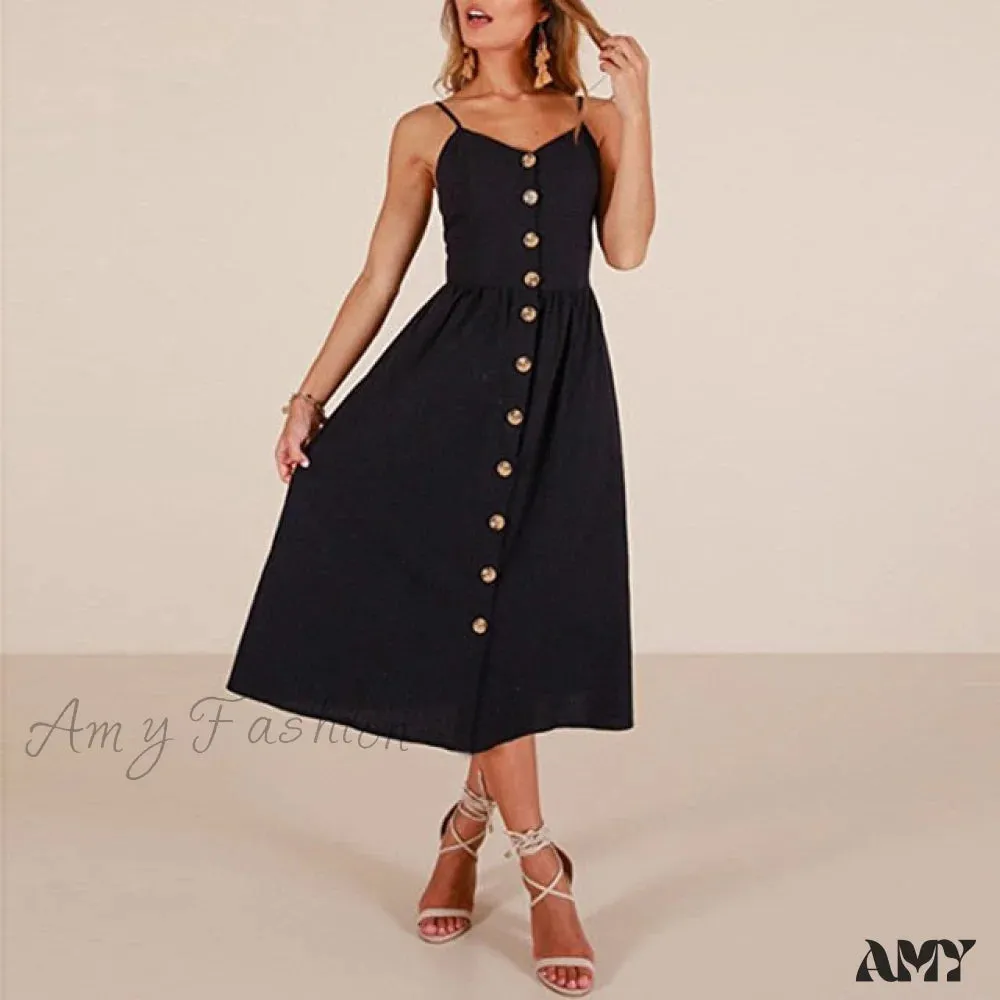 Amy Fashion - Midi Button Backless Polka Dot Striped Dress