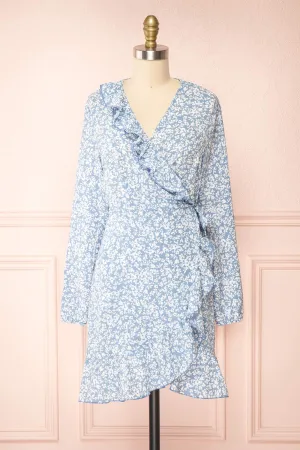 Aslaug Blue | Floral Wrap Dress w/ Ruffles