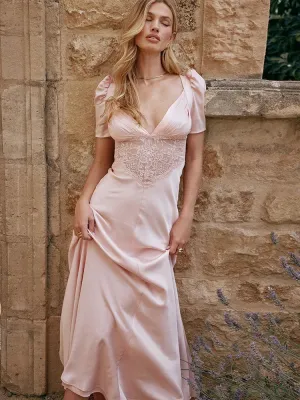 Autumn Long Elegant Pink Maxi V Neck Formal Occasion Puff Sleeve Lace Dress