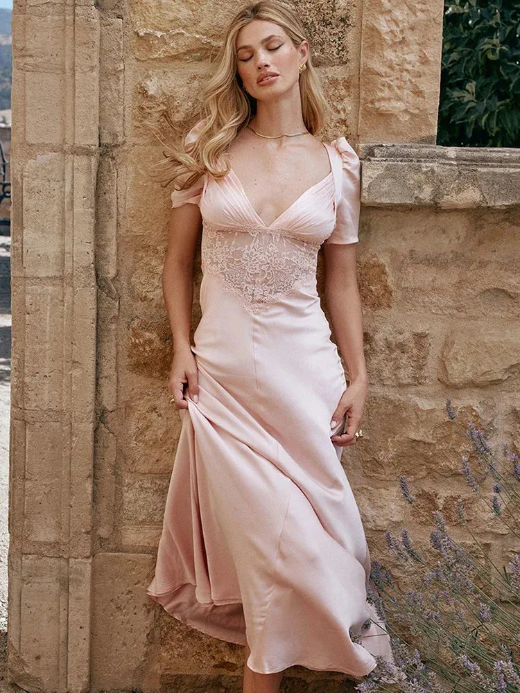 Autumn Long Elegant Pink Maxi V Neck Formal Occasion Puff Sleeve Lace Dress