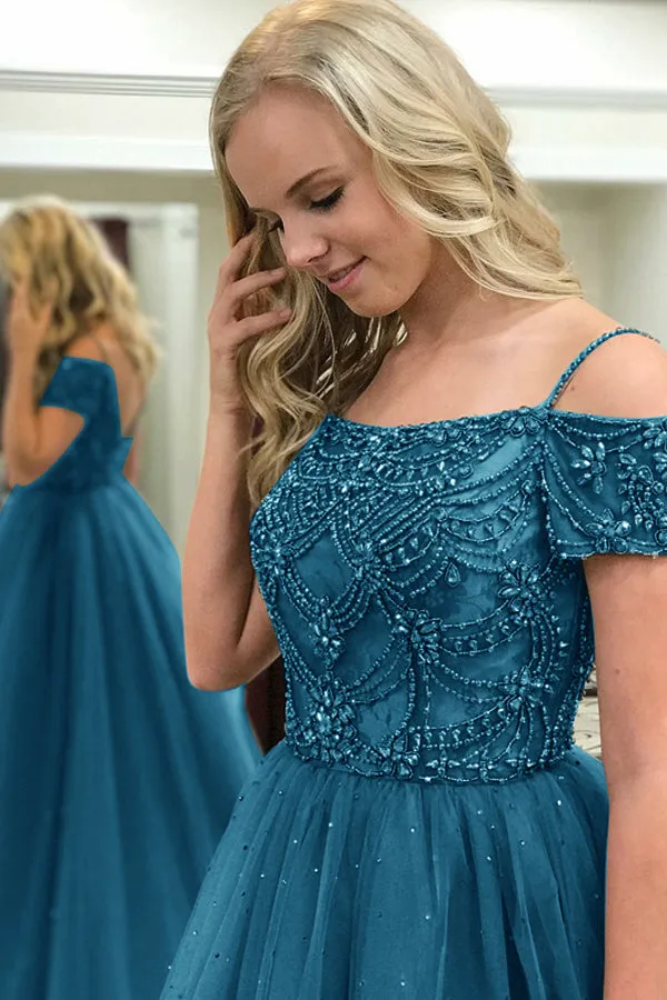 Ball Gown Off-the-Shoulder Sweep Train Dark Blue Tulle Prom Dress with Beading AHC506