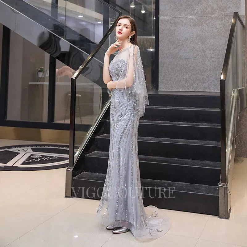 Beaded Batwing Sleeve Prom Dresses  Mermaid Boatneck Evening Dresses 20107