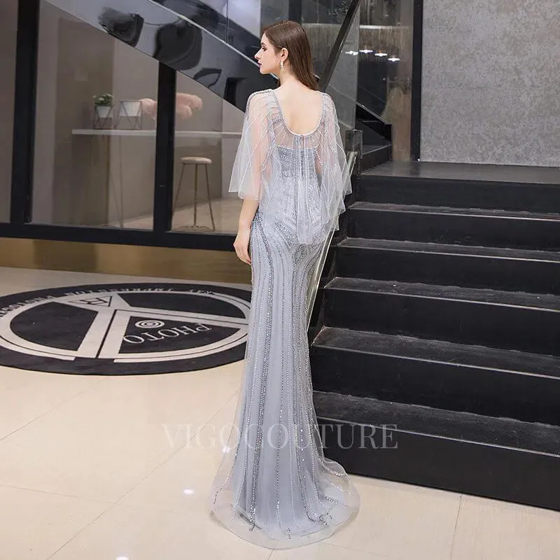 Beaded Batwing Sleeve Prom Dresses  Mermaid Boatneck Evening Dresses 20107