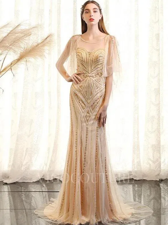 Beaded Batwing Sleeve Prom Dresses  Mermaid Boatneck Evening Dresses 20107