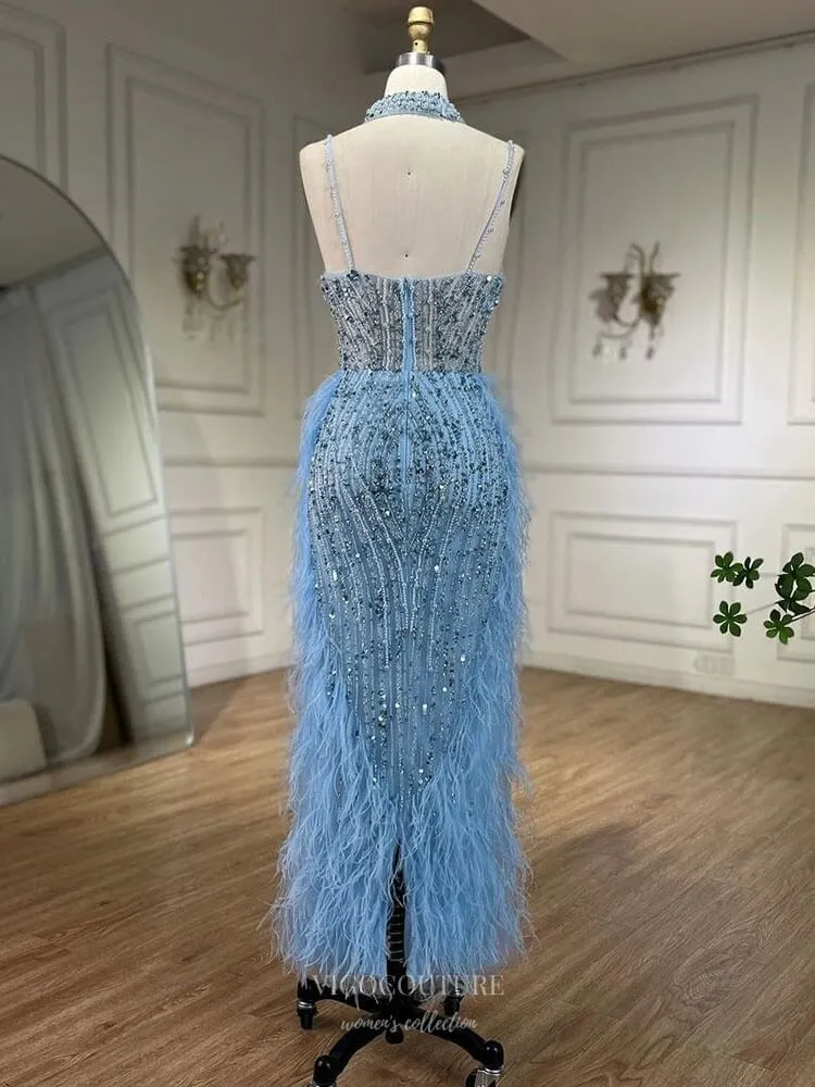 Beaded Feather Mermaid Pageant Dresses Spaghetti Strap Evening Dress 25027