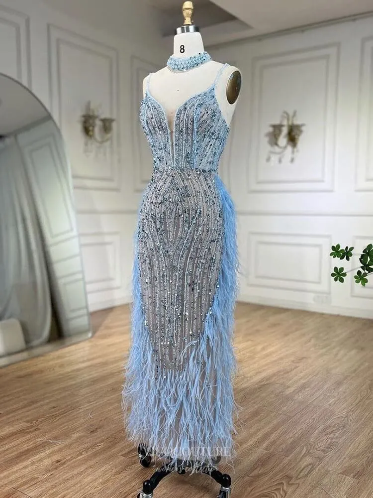 Beaded Feather Mermaid Pageant Dresses Spaghetti Strap Evening Dress 25027