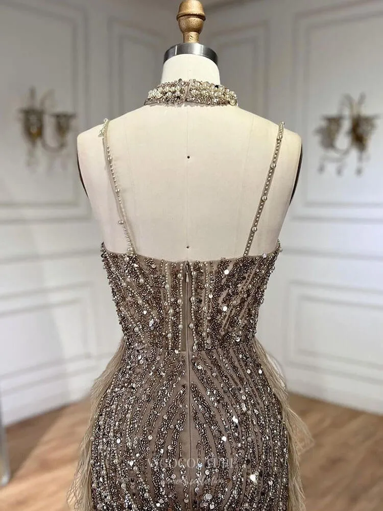 Beaded Feather Mermaid Pageant Dresses Spaghetti Strap Evening Dress 25027