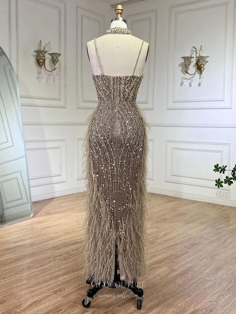 Beaded Feather Mermaid Pageant Dresses Spaghetti Strap Evening Dress 25027