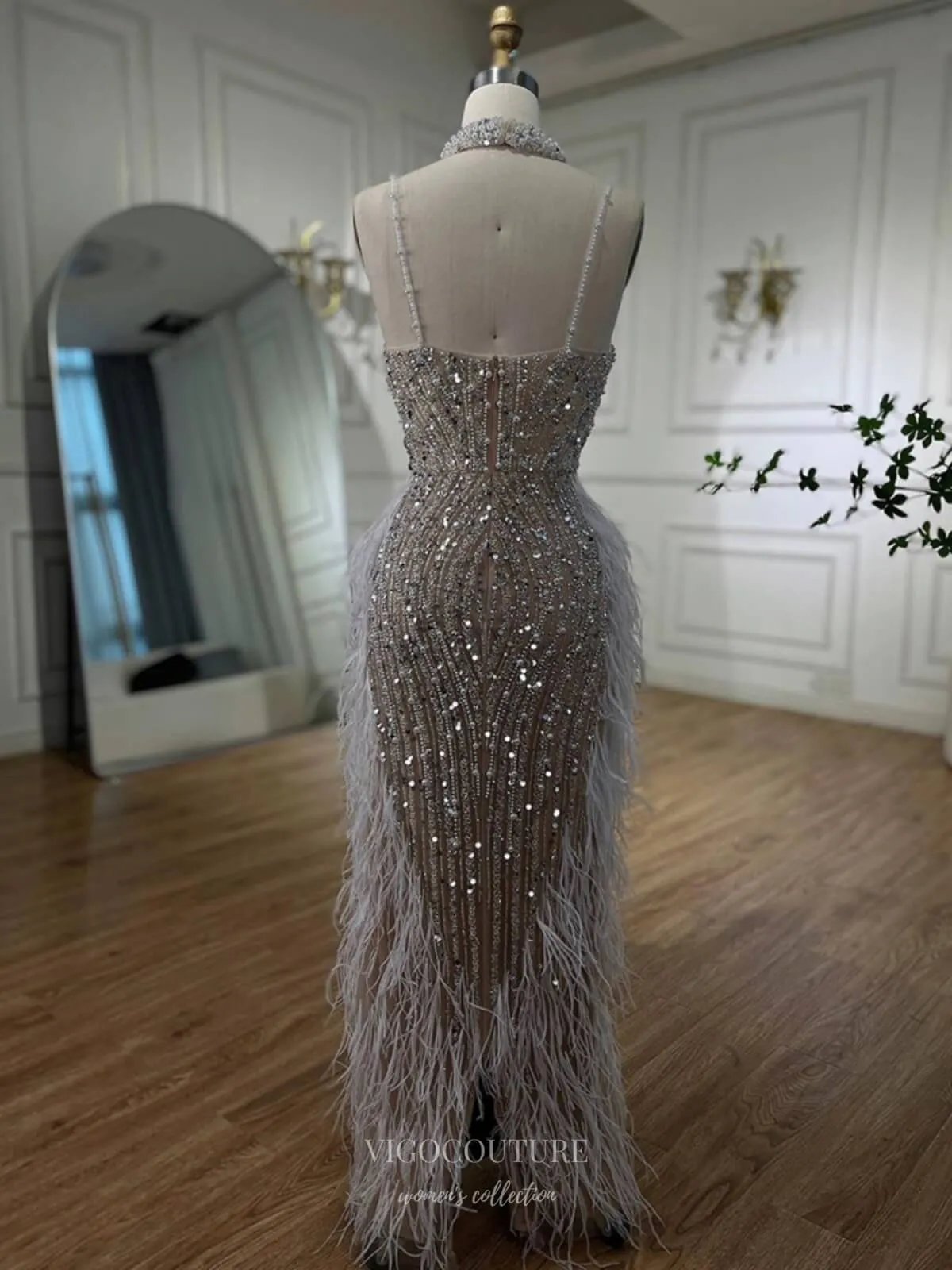 Beaded Feather Mermaid Pageant Dresses Spaghetti Strap Evening Dress 25027