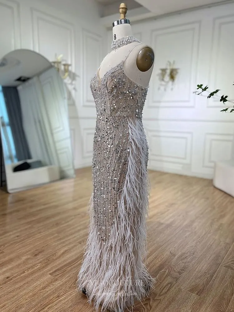 Beaded Feather Mermaid Pageant Dresses Spaghetti Strap Evening Dress 25027
