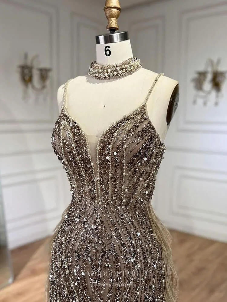 Beaded Feather Mermaid Pageant Dresses Spaghetti Strap Evening Dress 25027
