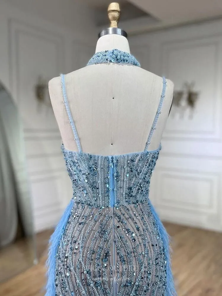 Beaded Feather Mermaid Pageant Dresses Spaghetti Strap Evening Dress 25027