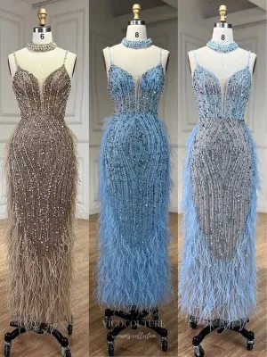 Beaded Feather Mermaid Pageant Dresses Spaghetti Strap Evening Dress 25027