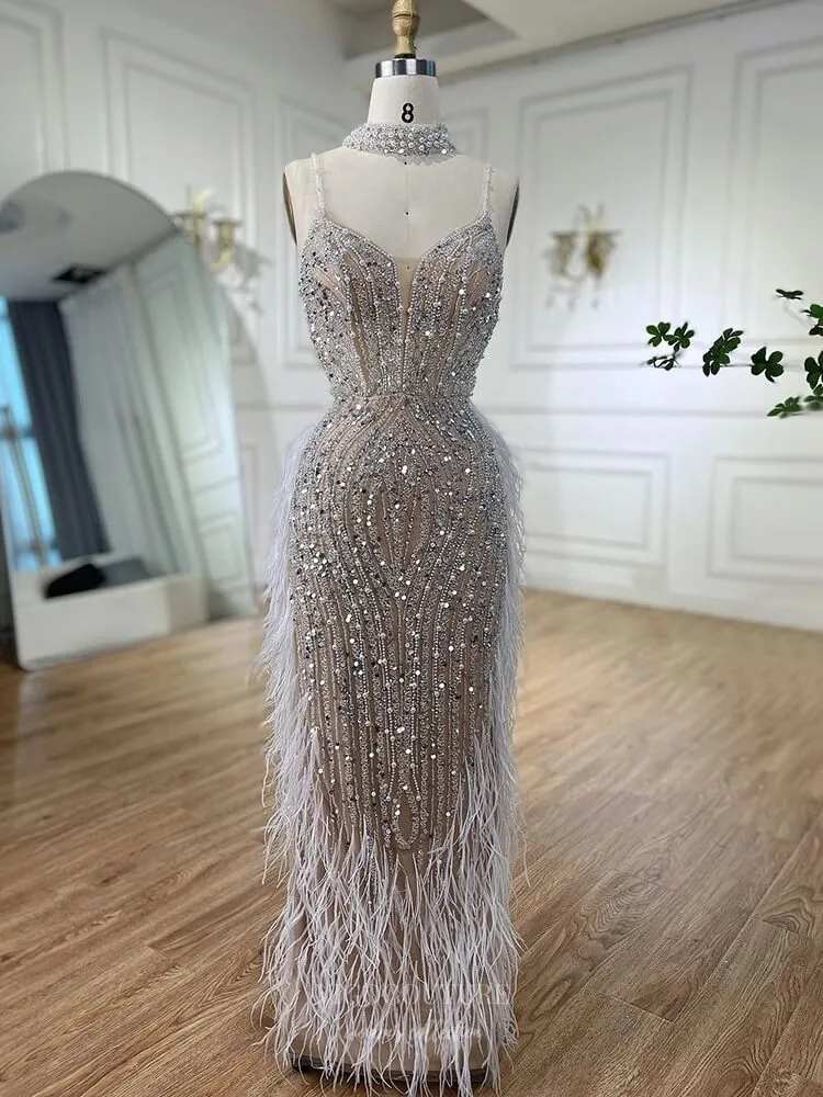 Beaded Feather Mermaid Pageant Dresses Spaghetti Strap Evening Dress 25027