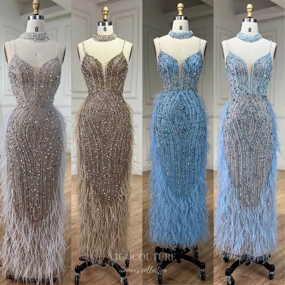 Beaded Feather Mermaid Pageant Dresses Spaghetti Strap Evening Dress 25027