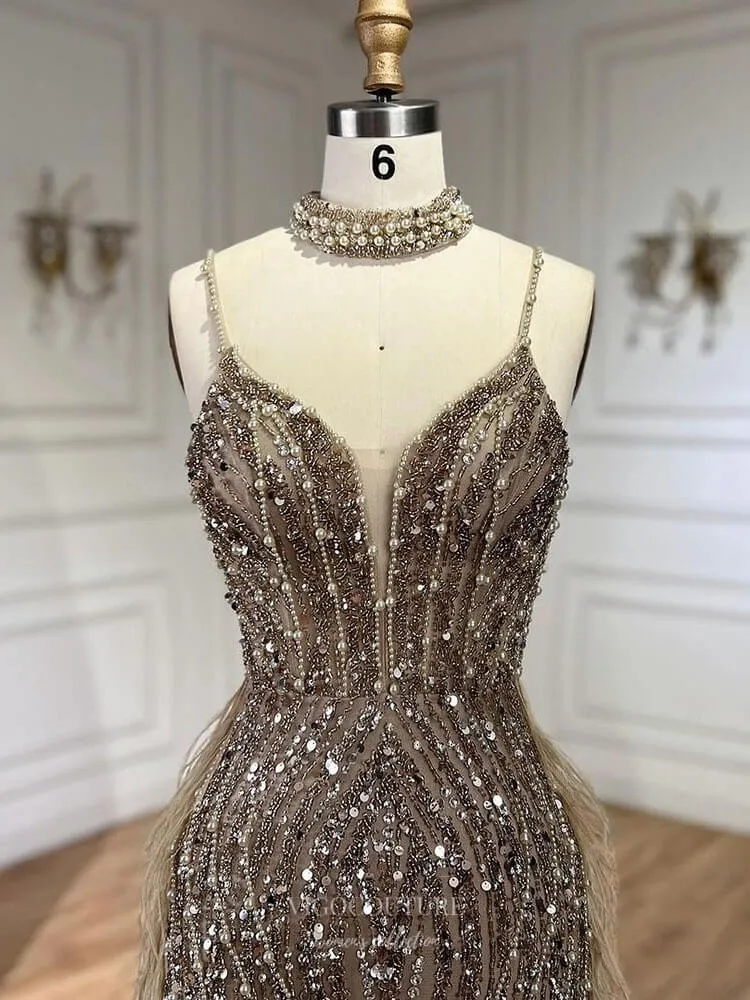 Beaded Feather Mermaid Pageant Dresses Spaghetti Strap Evening Dress 25027