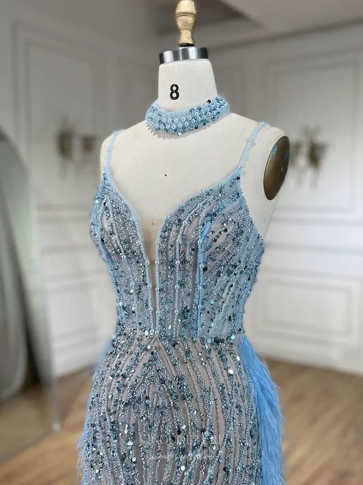 Beaded Feather Mermaid Pageant Dresses Spaghetti Strap Evening Dress 25027