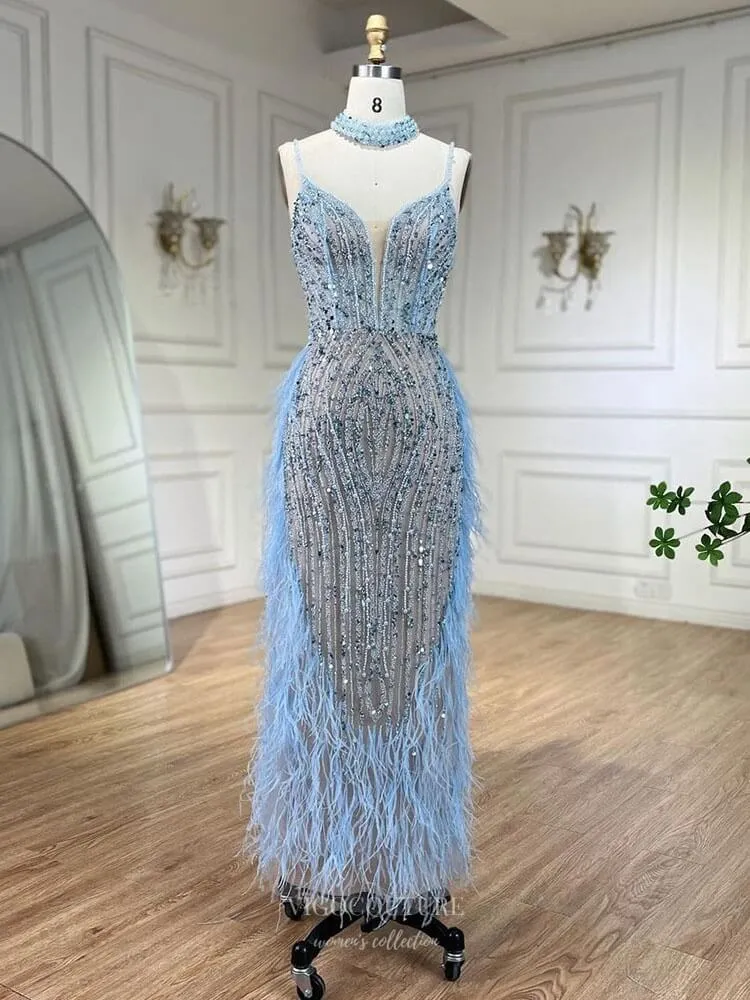 Beaded Feather Mermaid Pageant Dresses Spaghetti Strap Evening Dress 25027