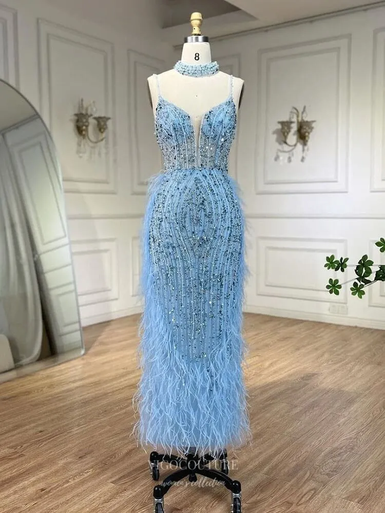 Beaded Feather Mermaid Pageant Dresses Spaghetti Strap Evening Dress 25027