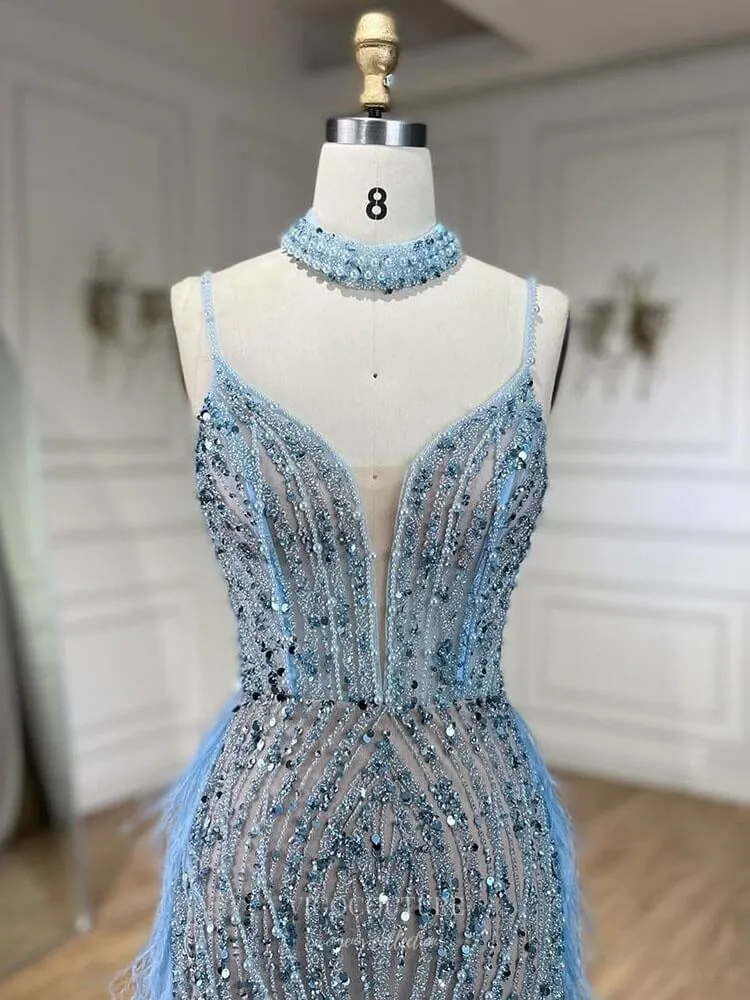 Beaded Feather Mermaid Pageant Dresses Spaghetti Strap Evening Dress 25027