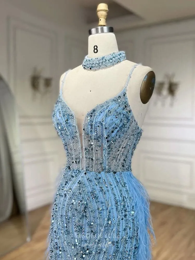 Beaded Feather Mermaid Pageant Dresses Spaghetti Strap Evening Dress 25027