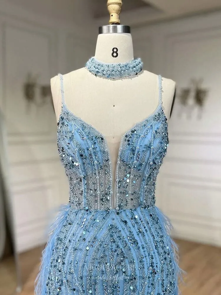 Beaded Feather Mermaid Pageant Dresses Spaghetti Strap Evening Dress 25027