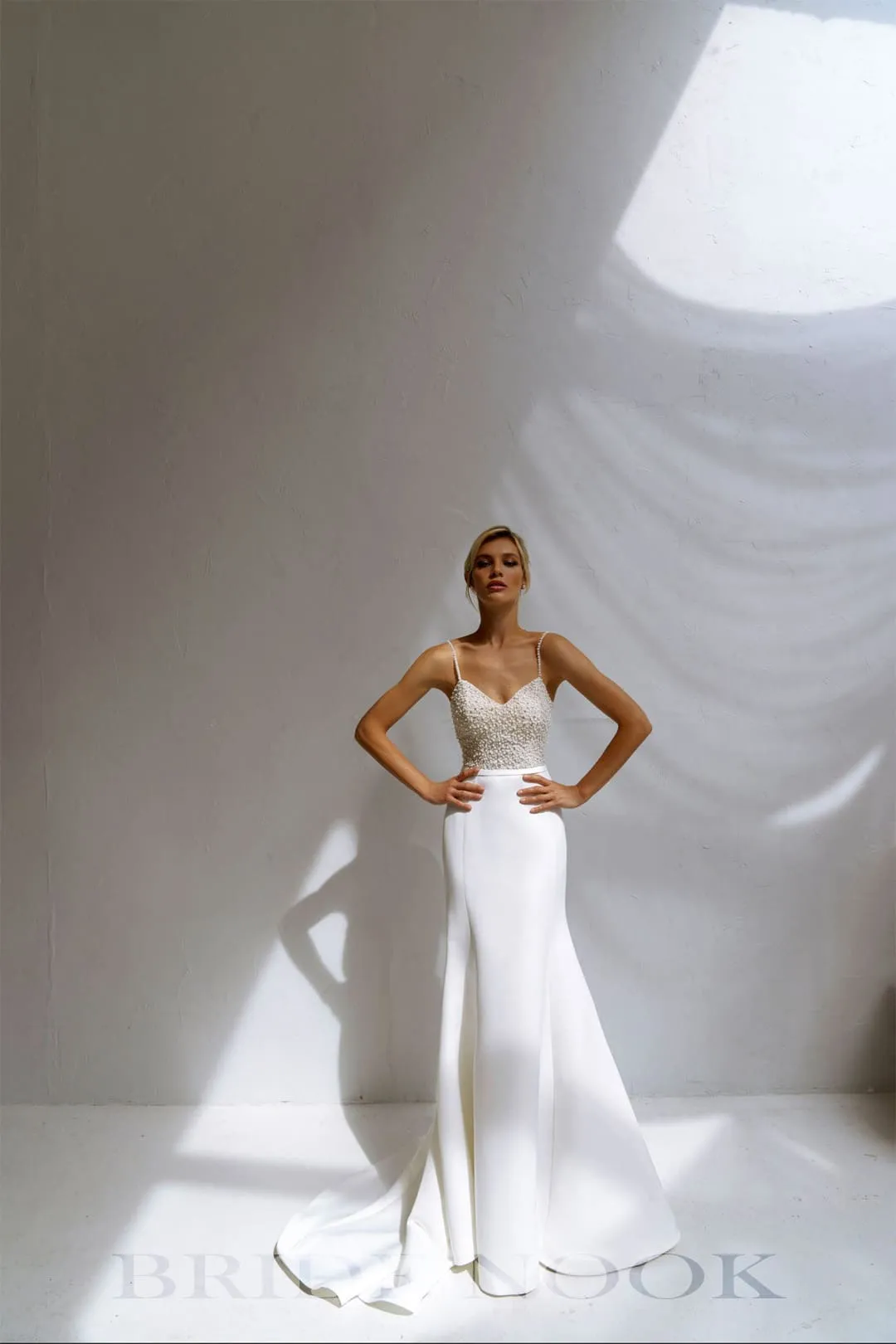 Beaded Pearl Sheath Mermaid Wedding Dress Spaghetti Straps
