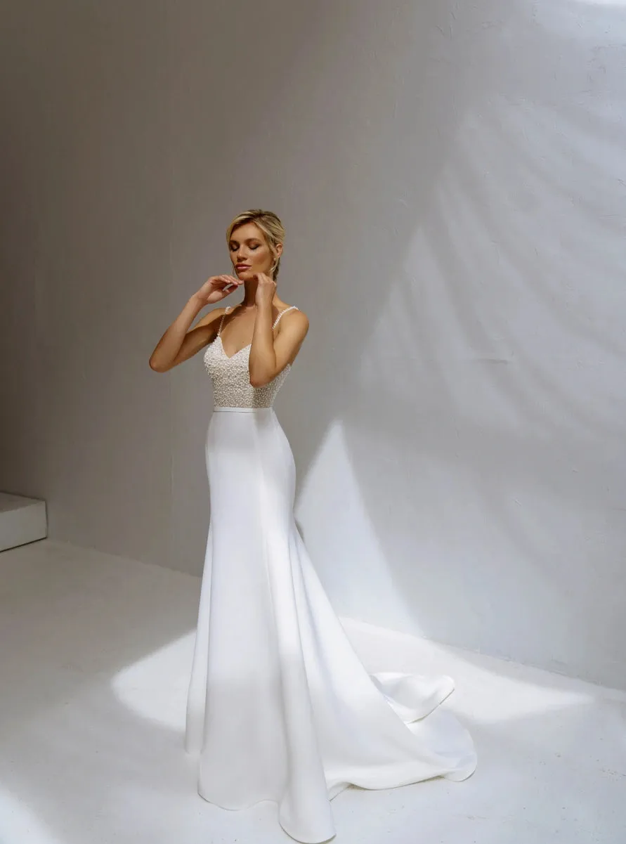 Beaded Pearl Sheath Mermaid Wedding Dress Spaghetti Straps