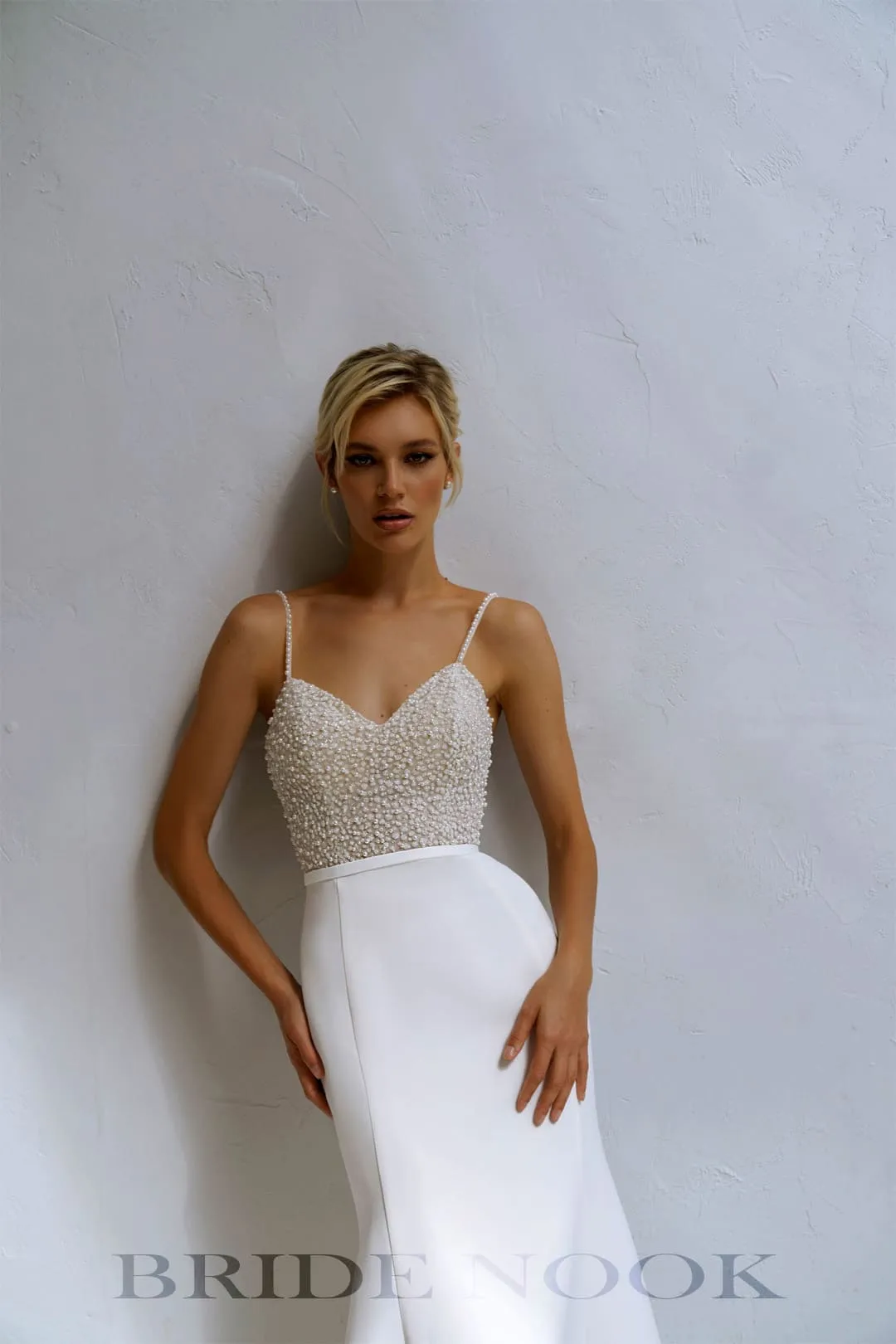 Beaded Pearl Sheath Mermaid Wedding Dress Spaghetti Straps
