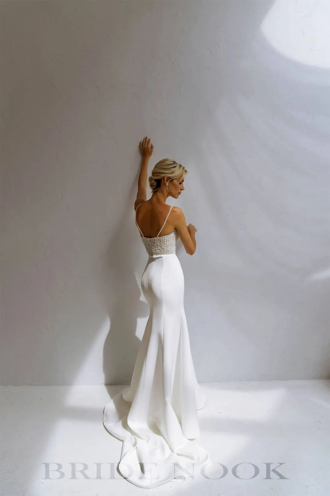 Beaded Pearl Sheath Mermaid Wedding Dress Spaghetti Straps