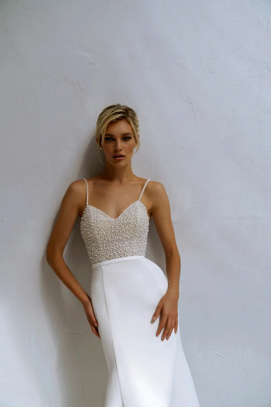 Beaded Pearl Sheath Mermaid Wedding Dress Spaghetti Straps