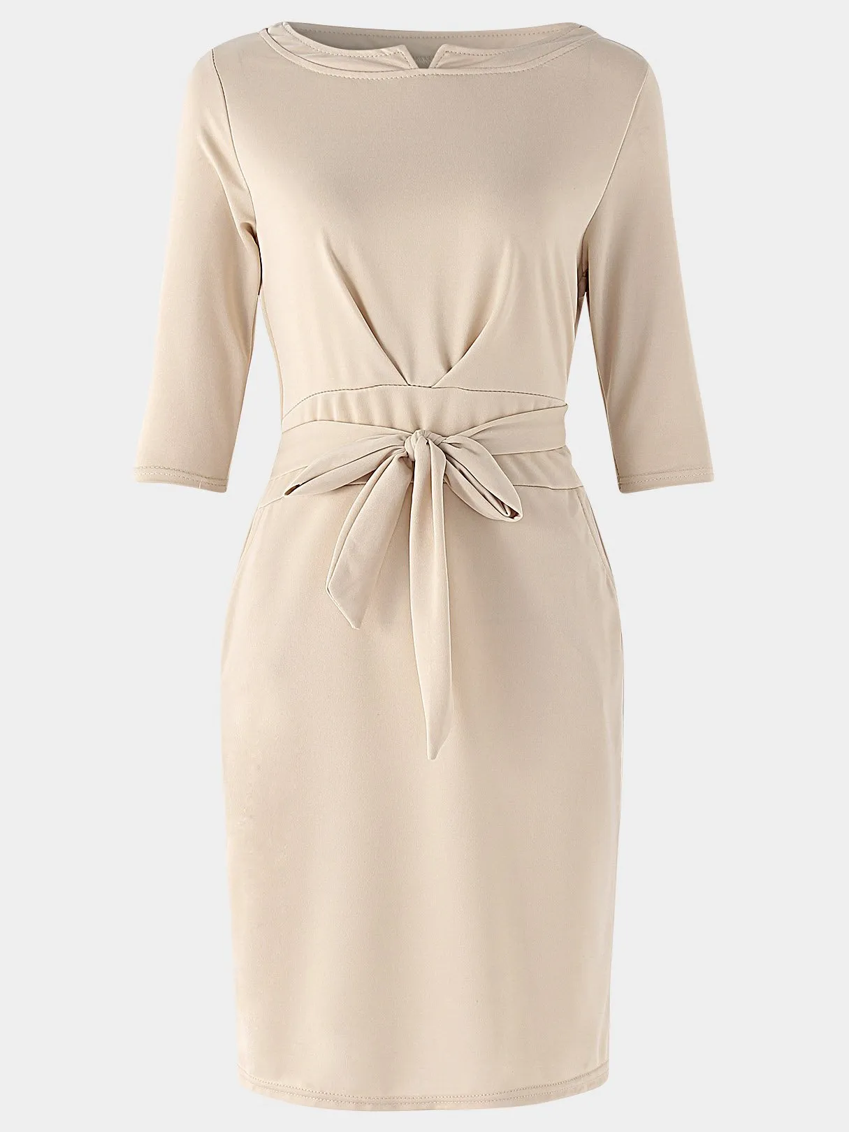 Beige Round Neck Half Sleeve Lace-Up Midi Dress