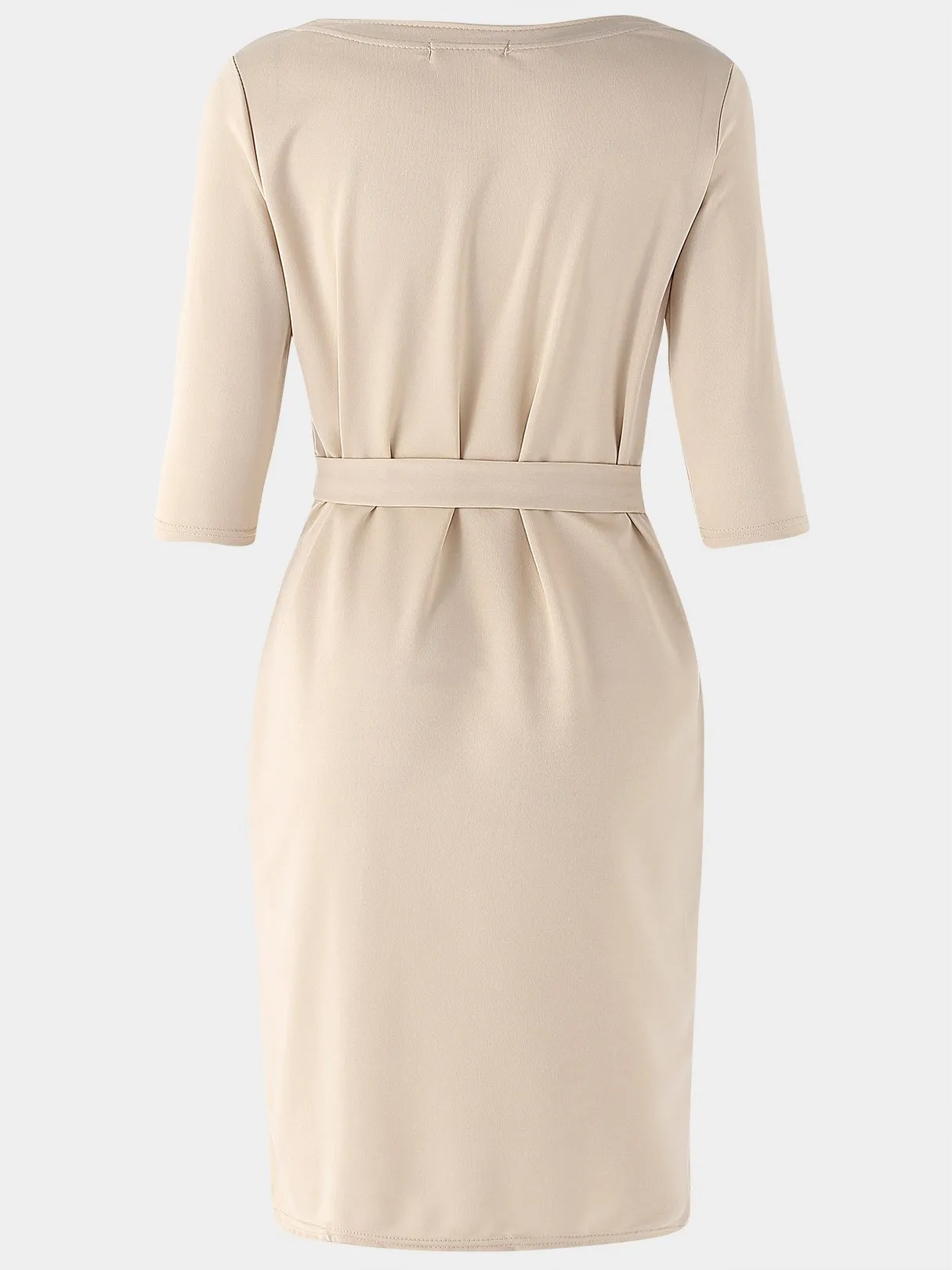 Beige Round Neck Half Sleeve Lace-Up Midi Dress