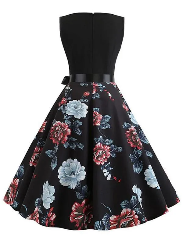 Black 1950s Floral Belted Swing Dress