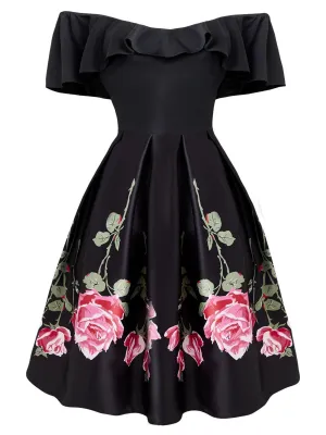 Black 1950s Ruffle Off Shoulder Dress