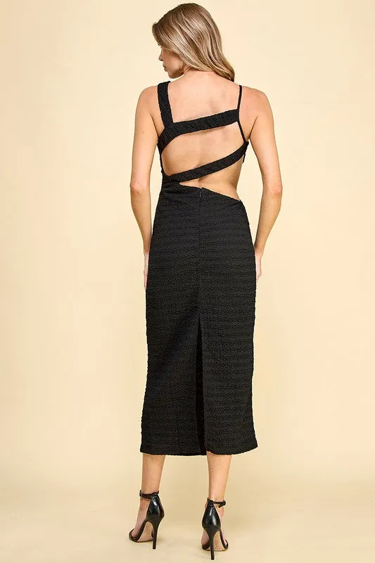 Black Asymmetric Neckline Midi Dress