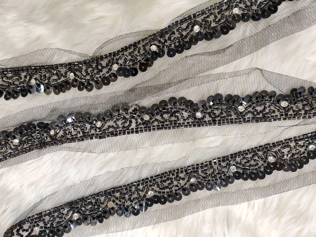 Black Sequins and Cutdana Beads Work Embroidered Border