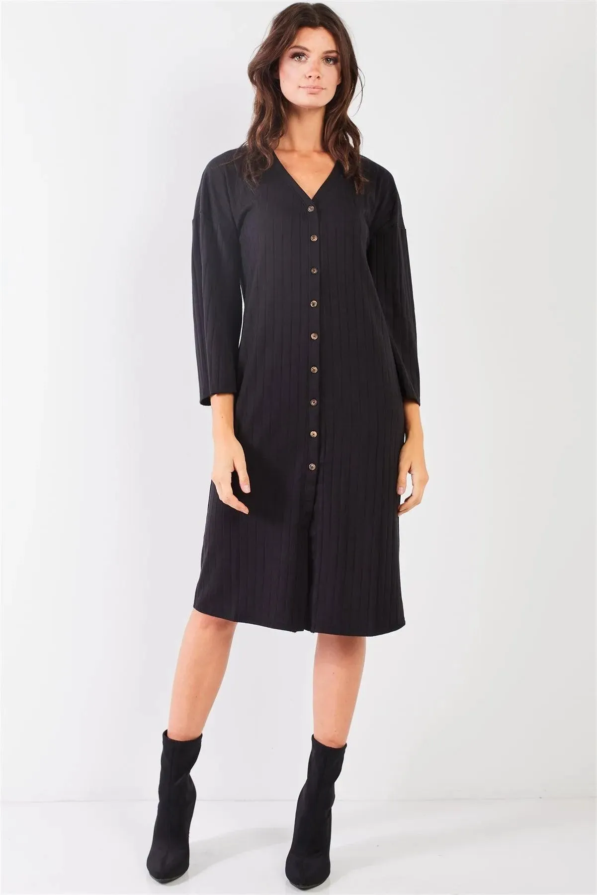 Black Striped Ribbed V-Neck 3/4 Sleeve Button-Down Straight Fit Relaxed Midi Dress /1-3-2