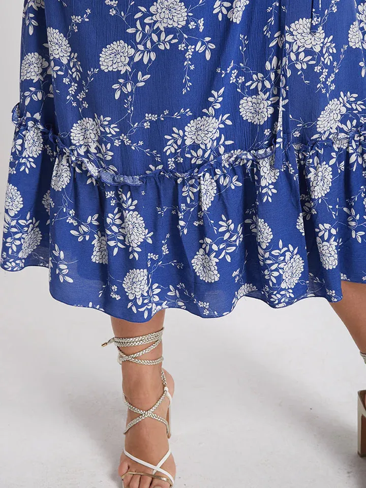 BLOOMCHIC RUFFLED SPLIT HEM WRAP VNECK MIDI DRESS BLUE WITH WHITE FLOWER PRINT