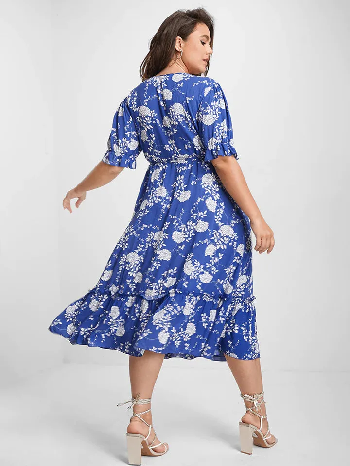 BLOOMCHIC RUFFLED SPLIT HEM WRAP VNECK MIDI DRESS BLUE WITH WHITE FLOWER PRINT