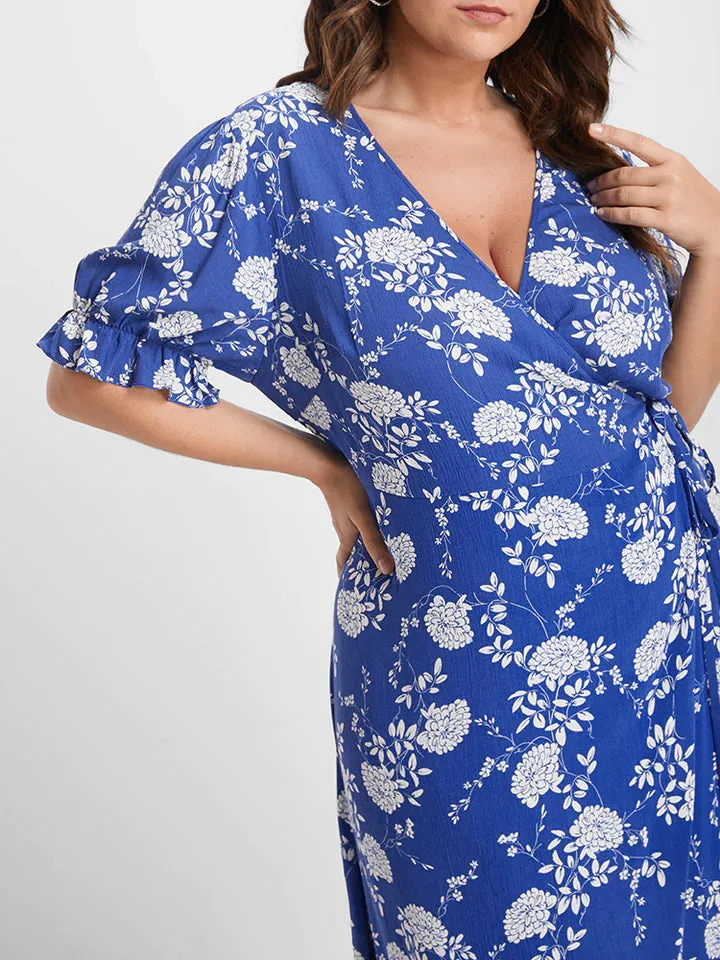 BLOOMCHIC RUFFLED SPLIT HEM WRAP VNECK MIDI DRESS BLUE WITH WHITE FLOWER PRINT