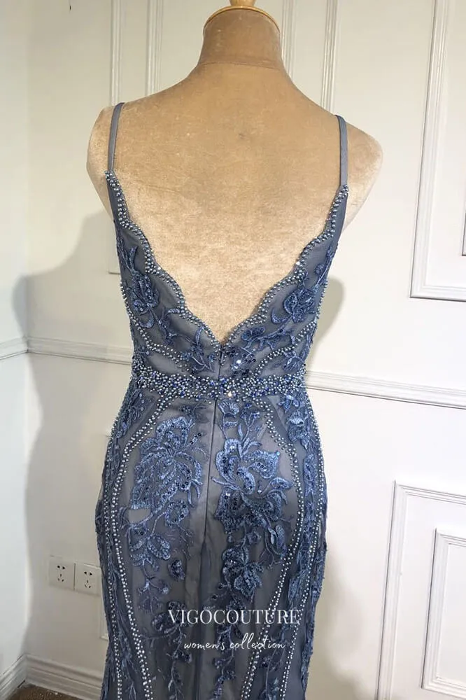 Blue Beaded Mermaid Formal Dresses Spaghetti Strap V-Neck Prom Dress 21614
