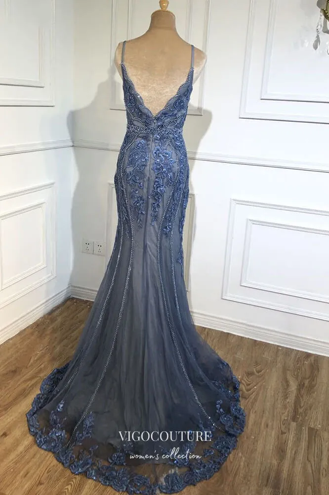 Blue Beaded Mermaid Formal Dresses Spaghetti Strap V-Neck Prom Dress 21614