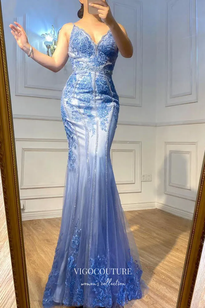 Blue Beaded Mermaid Formal Dresses Spaghetti Strap V-Neck Prom Dress 21614